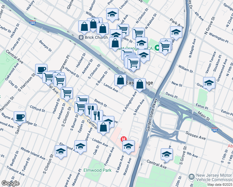 map of restaurants, bars, coffee shops, grocery stores, and more near 45 Lenox Avenue in East Orange