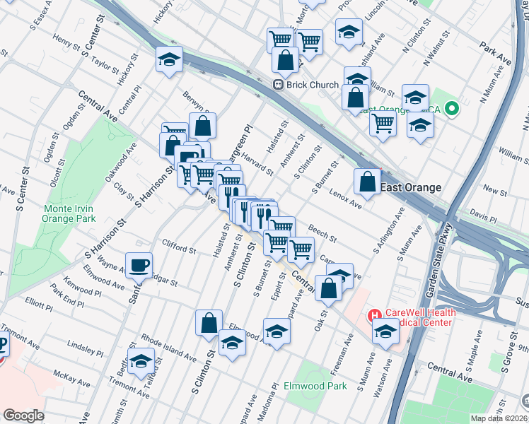 map of restaurants, bars, coffee shops, grocery stores, and more near 173 South Clinton Street in East Orange