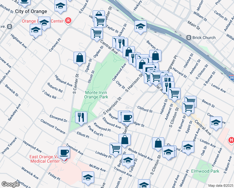 map of restaurants, bars, coffee shops, grocery stores, and more near 313 South Harrison Street in East Orange