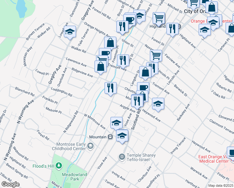 map of restaurants, bars, coffee shops, grocery stores, and more near 576 Morris Street in City of Orange