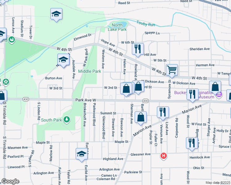 map of restaurants, bars, coffee shops, grocery stores, and more near 564 Park Avenue West in Mansfield