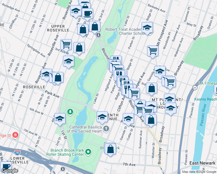 map of restaurants, bars, coffee shops, grocery stores, and more near 79 Highland Avenue in Newark