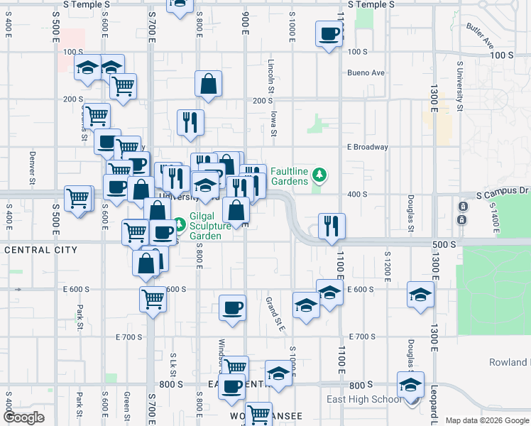 map of restaurants, bars, coffee shops, grocery stores, and more near 450 Fletcher Court in Salt Lake City