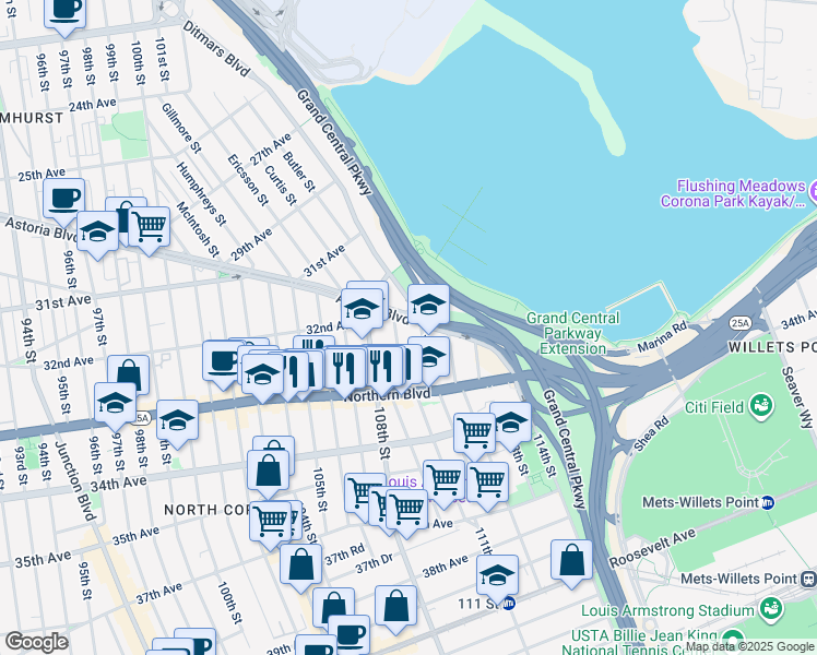 map of restaurants, bars, coffee shops, grocery stores, and more near 110-14 Astoria Boulevard in Queens