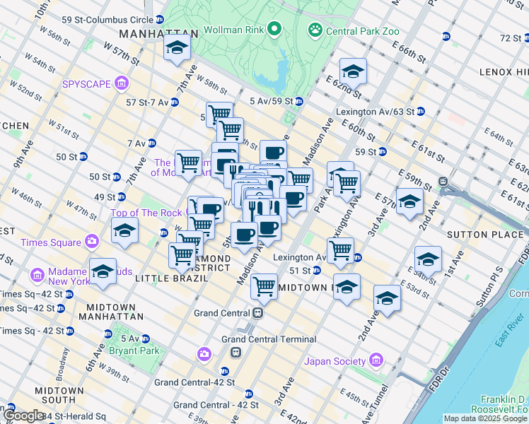 map of restaurants, bars, coffee shops, grocery stores, and more near 12 East 53rd Street in New York