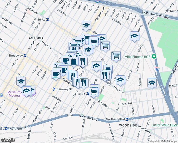 map of restaurants, bars, coffee shops, grocery stores, and more near 31st Ave & 44th St in Queens