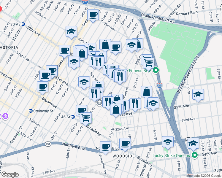 map of restaurants, bars, coffee shops, grocery stores, and more near 30-34 49th Street in Queens