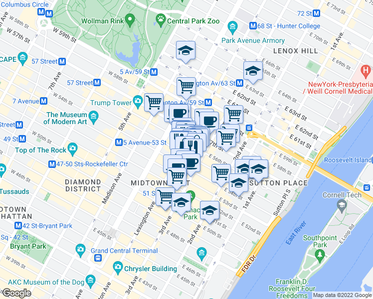 map of restaurants, bars, coffee shops, grocery stores, and more near 665 Lexington Avenue in New York