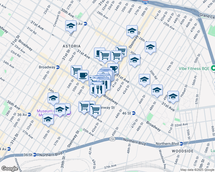 map of restaurants, bars, coffee shops, grocery stores, and more near 31-91 Steinway Street in Queens