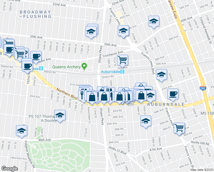 map of restaurants, bars, coffee shops, grocery stores, and more near 40-35 189th Street in Queens
