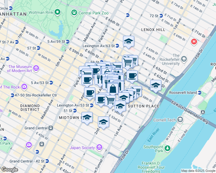 map of restaurants, bars, coffee shops, grocery stores, and more near 220 East 56th Street in New York