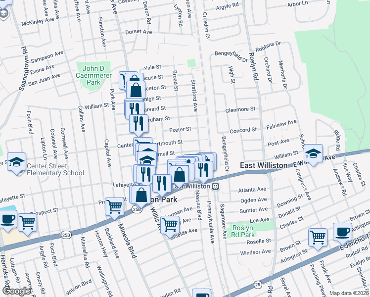 map of restaurants, bars, coffee shops, grocery stores, and more near 76 Broad Street in Williston Park