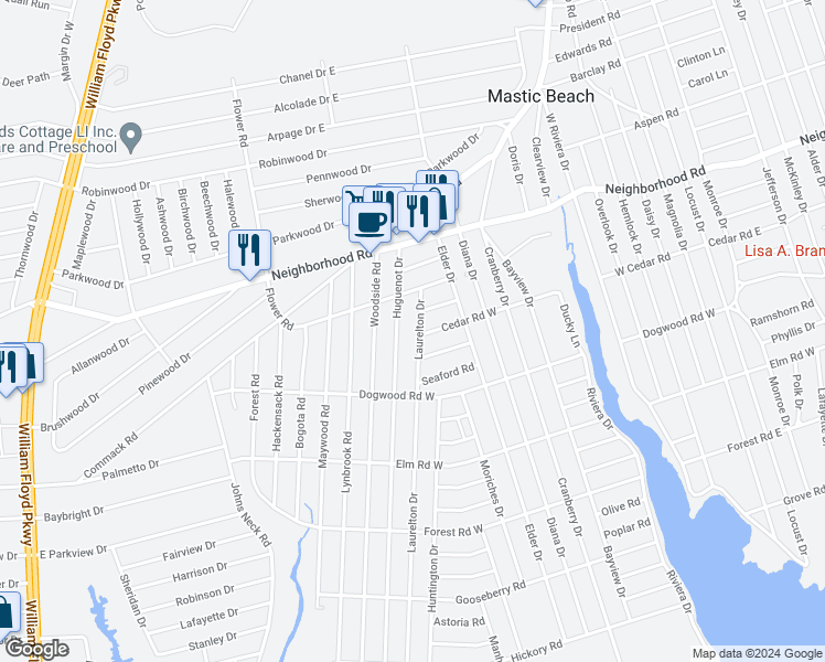 map of restaurants, bars, coffee shops, grocery stores, and more near 242 Laurelton Drive in Mastic Beach