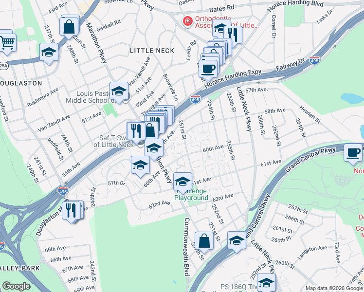 map of restaurants, bars, coffee shops, grocery stores, and more near 32 251st Street in Queens