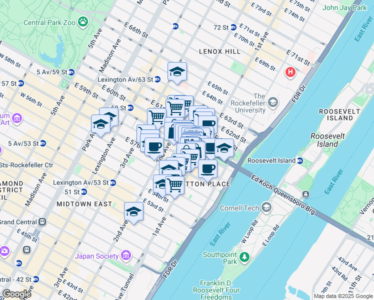 map of restaurants, bars, coffee shops, grocery stores, and more near 331 East 58th Street in New York