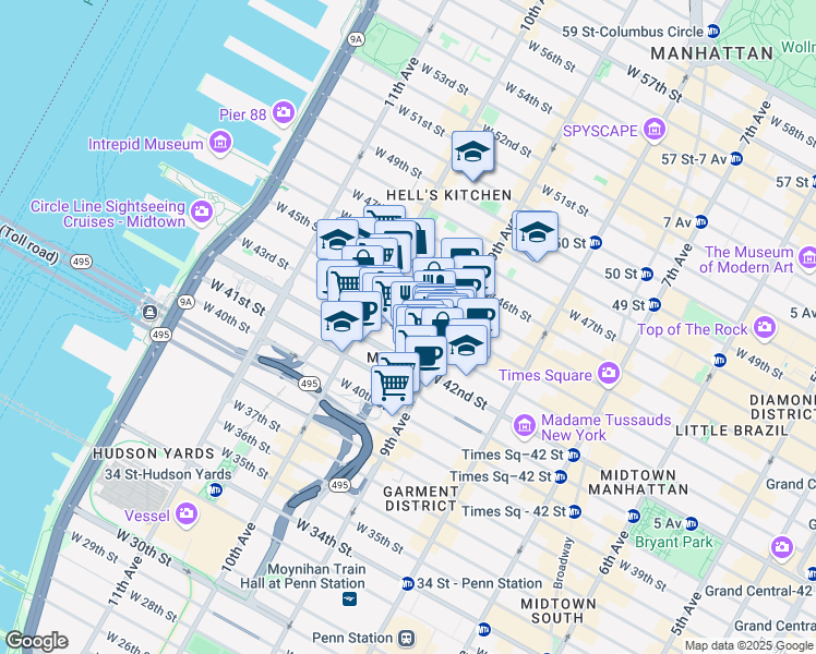 map of restaurants, bars, coffee shops, grocery stores, and more near 435 West 43rd Street in New York