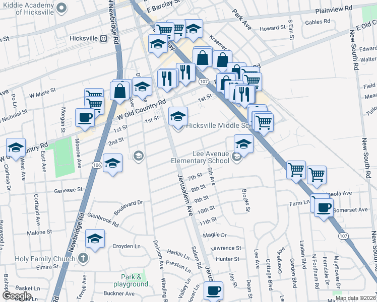map of restaurants, bars, coffee shops, grocery stores, and more near 133 5th Street in Hicksville