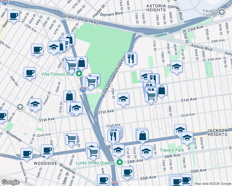 map of restaurants, bars, coffee shops, grocery stores, and more near 30-17 70th Street in Queens