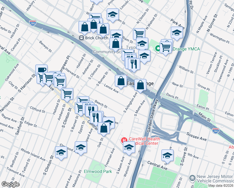map of restaurants, bars, coffee shops, grocery stores, and more near 45 Lenox Avenue in East Orange