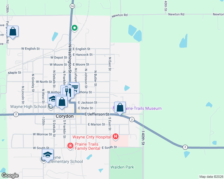 map of restaurants, bars, coffee shops, grocery stores, and more near 281 North East Street in Corydon