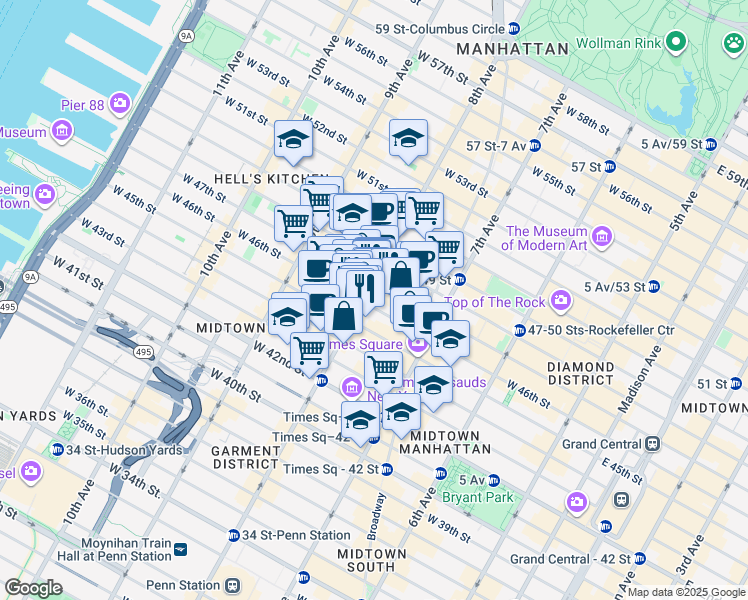 map of restaurants, bars, coffee shops, grocery stores, and more near 247 West 46th Street in New York