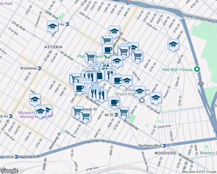 map of restaurants, bars, coffee shops, grocery stores, and more near 31-14 43rd Street in Queens