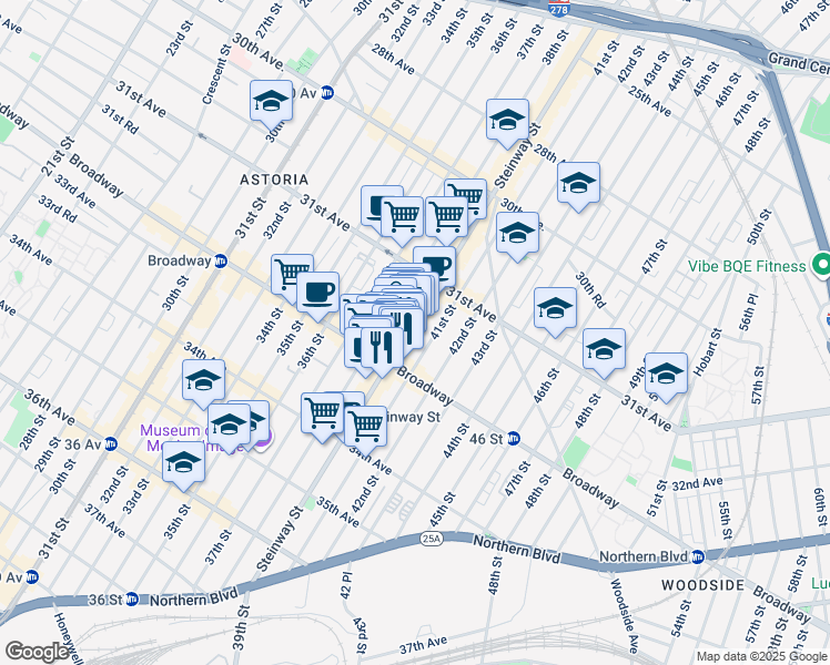map of restaurants, bars, coffee shops, grocery stores, and more near 31-91 Steinway Street in Queens