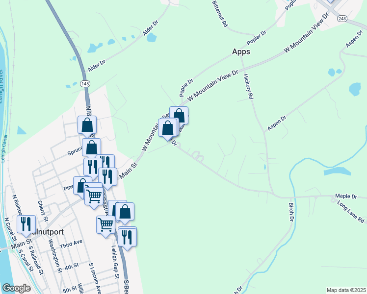 map of restaurants, bars, coffee shops, grocery stores, and more near 4834 Maple Drive in Walnutport
