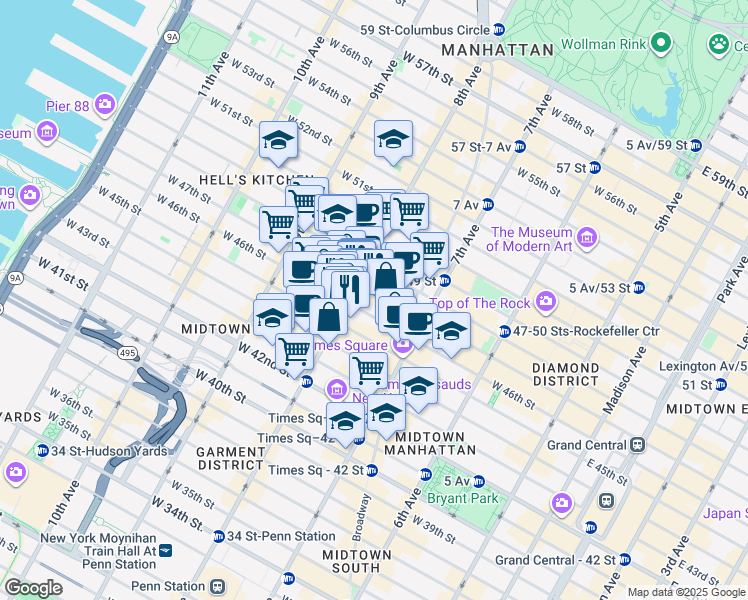 map of restaurants, bars, coffee shops, grocery stores, and more near in New York