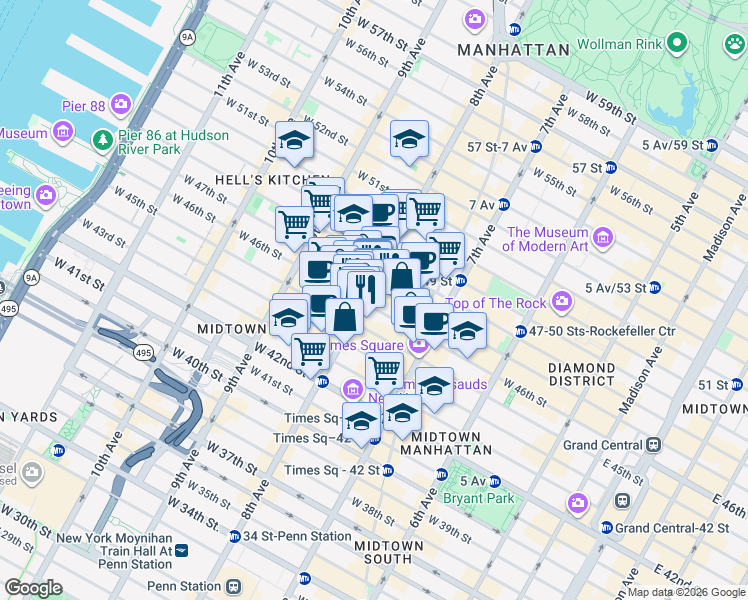 map of restaurants, bars, coffee shops, grocery stores, and more near 286 West 46th Street in New York