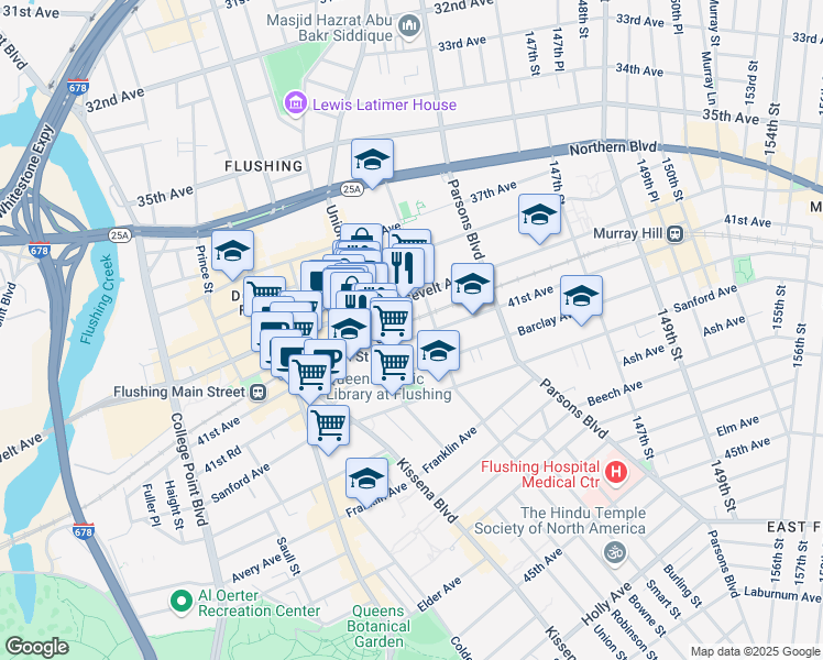 map of restaurants, bars, coffee shops, grocery stores, and more near 142-29 41st Avenue in Queens