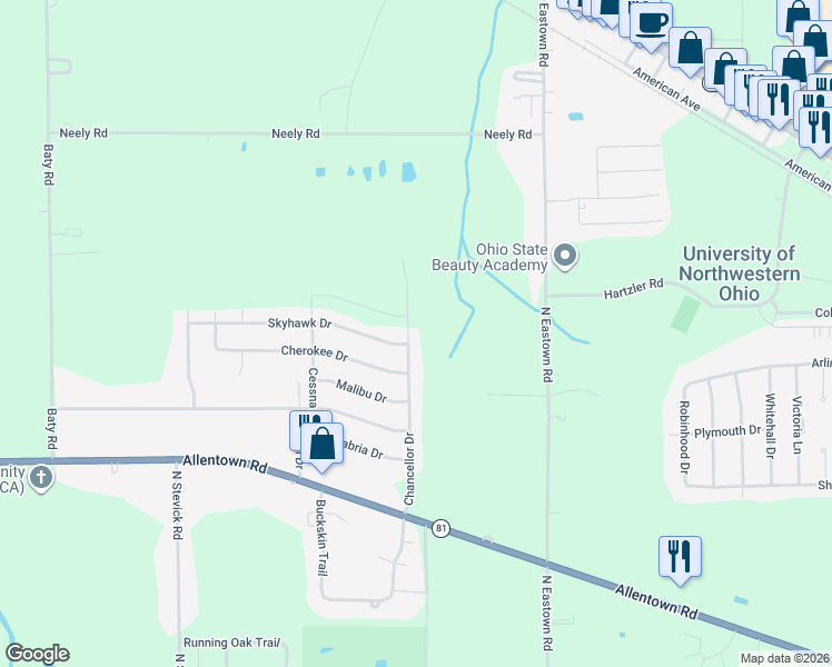 map of restaurants, bars, coffee shops, grocery stores, and more near 1590 Chancellor Drive in Lima