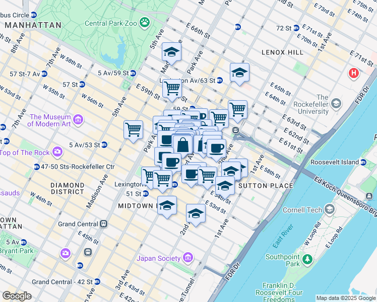 map of restaurants, bars, coffee shops, grocery stores, and more near 165 East 56th Street in New York