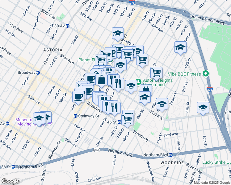 map of restaurants, bars, coffee shops, grocery stores, and more near 31-09 44th Street in Queens
