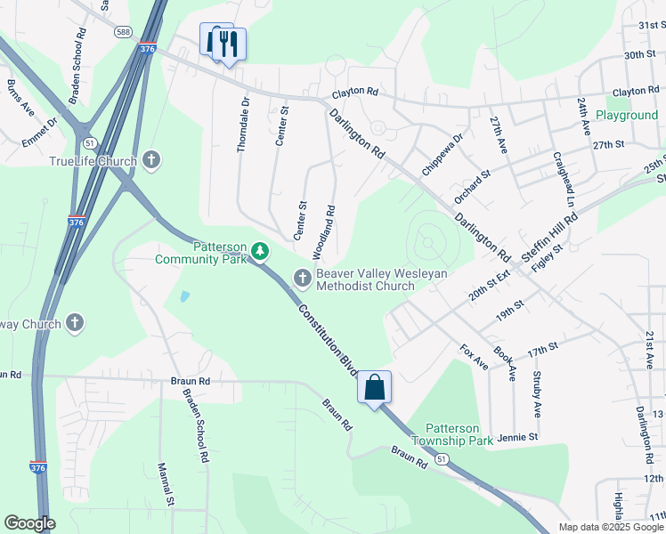 map of restaurants, bars, coffee shops, grocery stores, and more near 196 Woodland Road in Beaver Falls