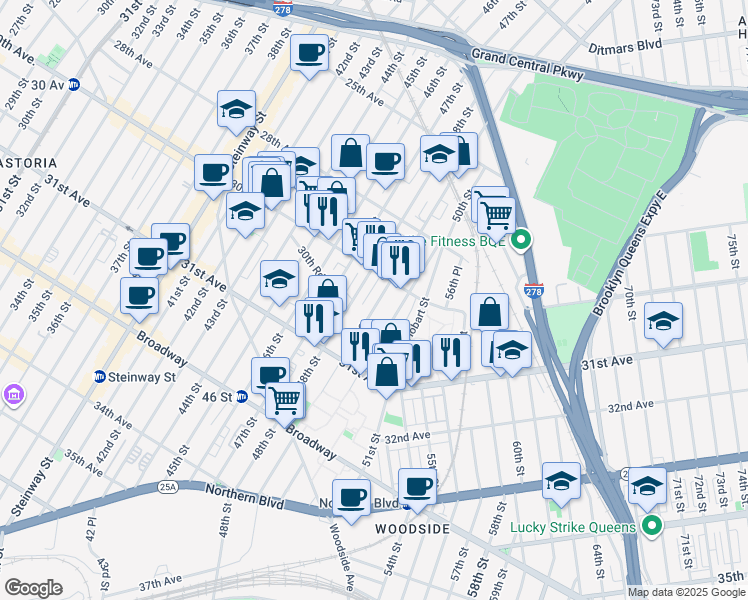 map of restaurants, bars, coffee shops, grocery stores, and more near 30-30 50th Street in Queens