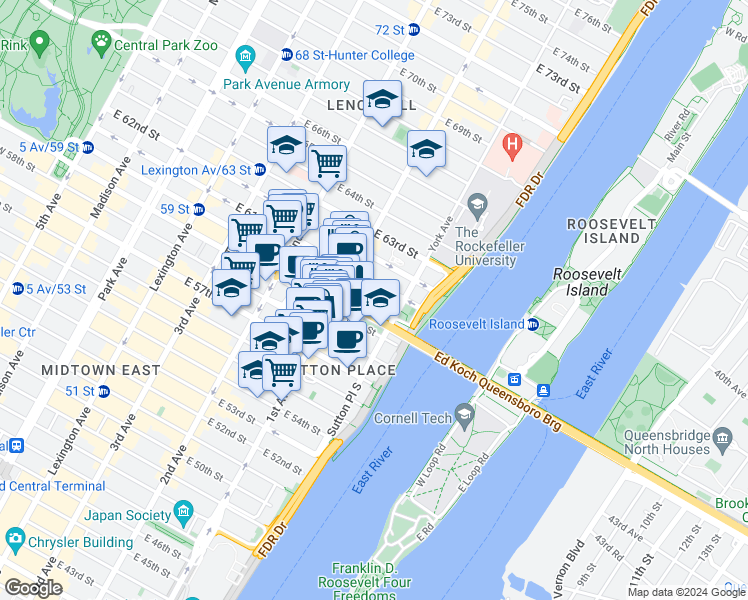 map of restaurants, bars, coffee shops, grocery stores, and more near 109 Ed Koch Queensboro Bridge Upper Roadway in New York