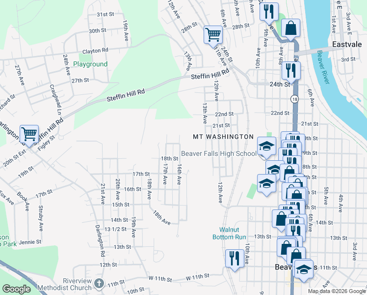 map of restaurants, bars, coffee shops, grocery stores, and more near 1809 16th Avenue in Beaver Falls