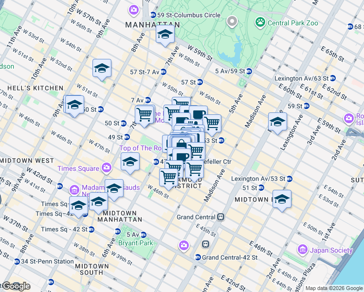 map of restaurants, bars, coffee shops, grocery stores, and more near 44 West 51st Street in New York