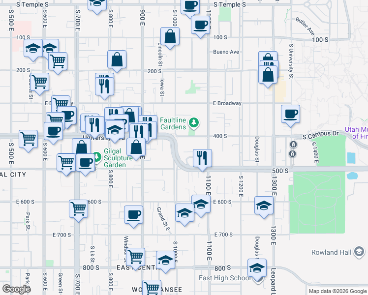 map of restaurants, bars, coffee shops, grocery stores, and more near 1043 Barbara Place East in Salt Lake City