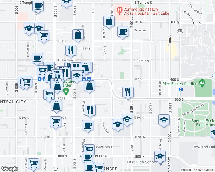 map of restaurants, bars, coffee shops, grocery stores, and more near 1027 Barbara Place East in Salt Lake City