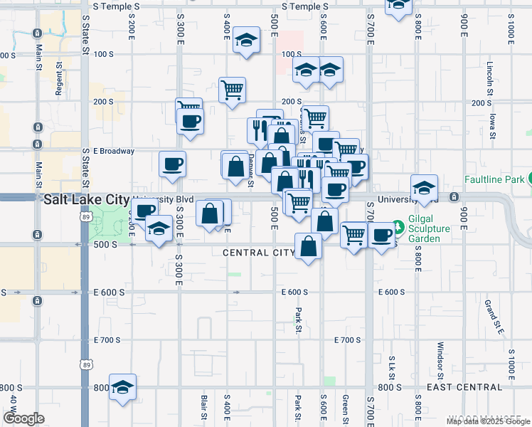map of restaurants, bars, coffee shops, grocery stores, and more near 440 500 East in Salt Lake City