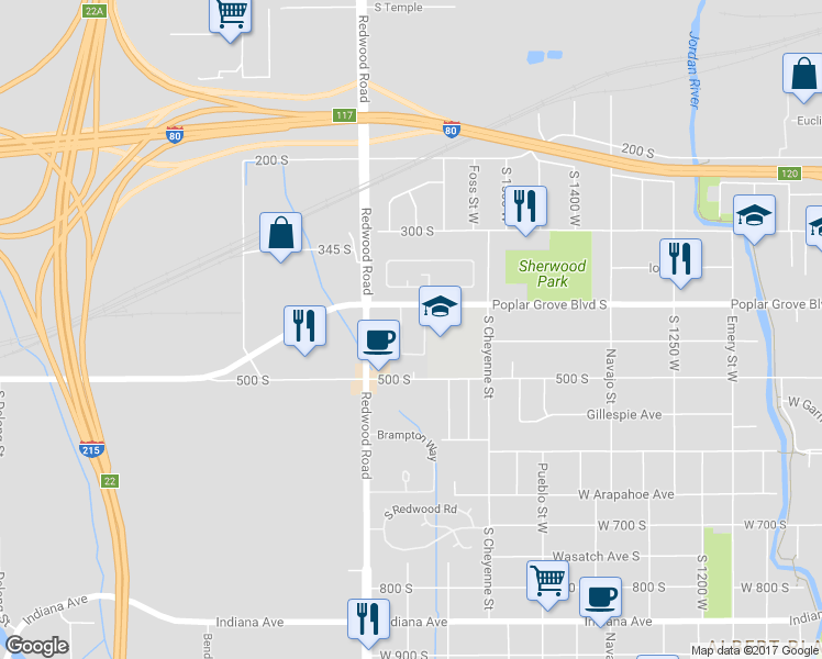 map of restaurants, bars, coffee shops, grocery stores, and more near 1601 400 South in Salt Lake City