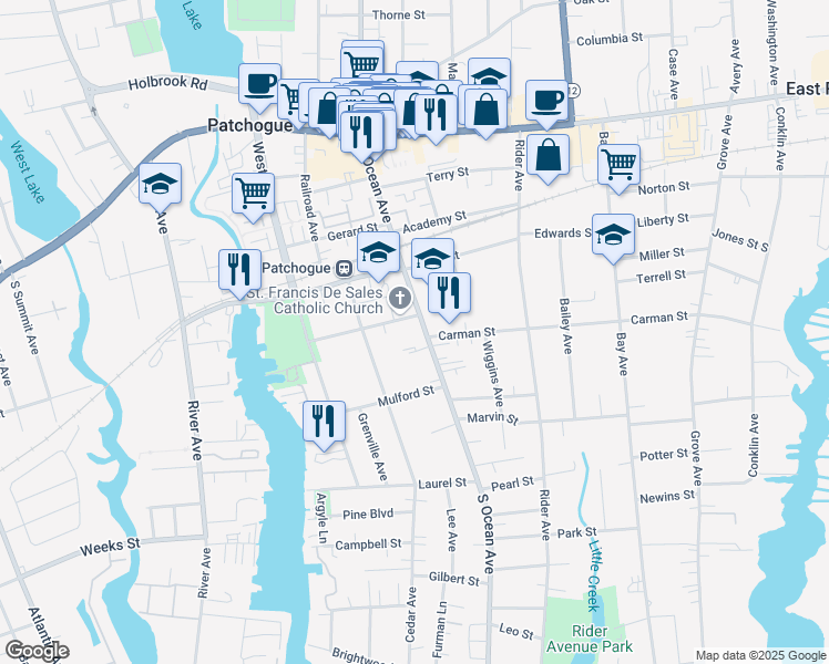 map of restaurants, bars, coffee shops, grocery stores, and more near 276 South Ocean Avenue in Patchogue