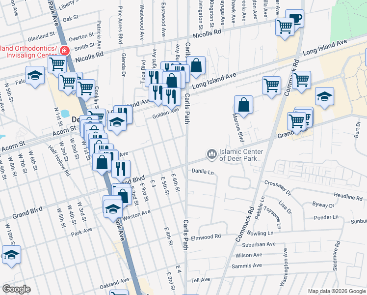 map of restaurants, bars, coffee shops, grocery stores, and more near 90 East 7th Street in Deer Park