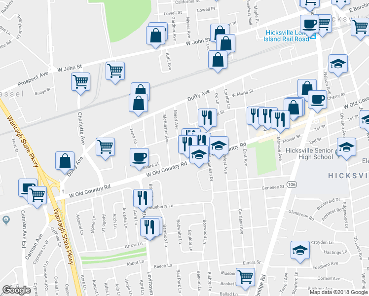 map of restaurants, bars, coffee shops, grocery stores, and more near 376 West Old Country Road in Hicksville
