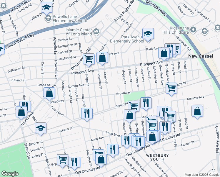 map of restaurants, bars, coffee shops, grocery stores, and more near 829 Broadway in Westbury