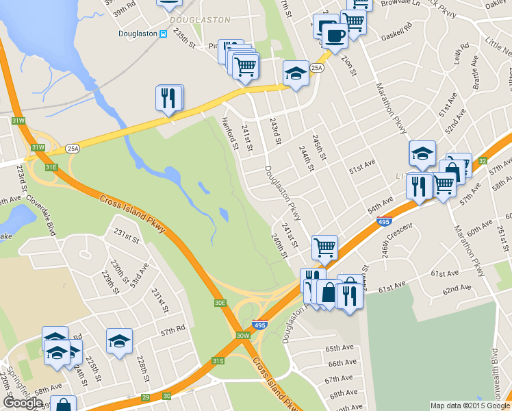 map of restaurants, bars, coffee shops, grocery stores, and more near 30 Douglaston Parkway in Queens