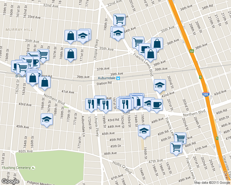 map of restaurants, bars, coffee shops, grocery stores, and more near 190-07 42nd Avenue in Queens