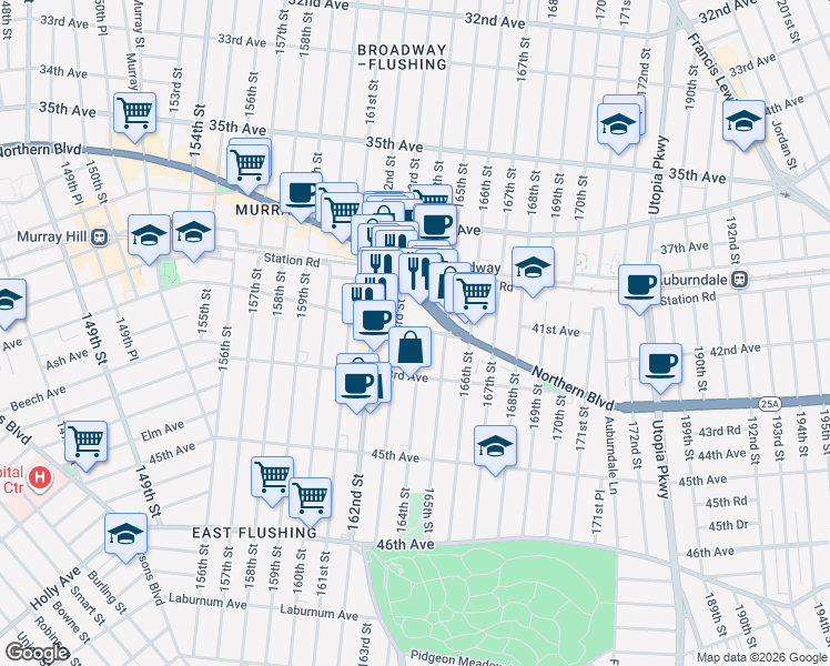 map of restaurants, bars, coffee shops, grocery stores, and more near 42-17 163rd Street in Queens